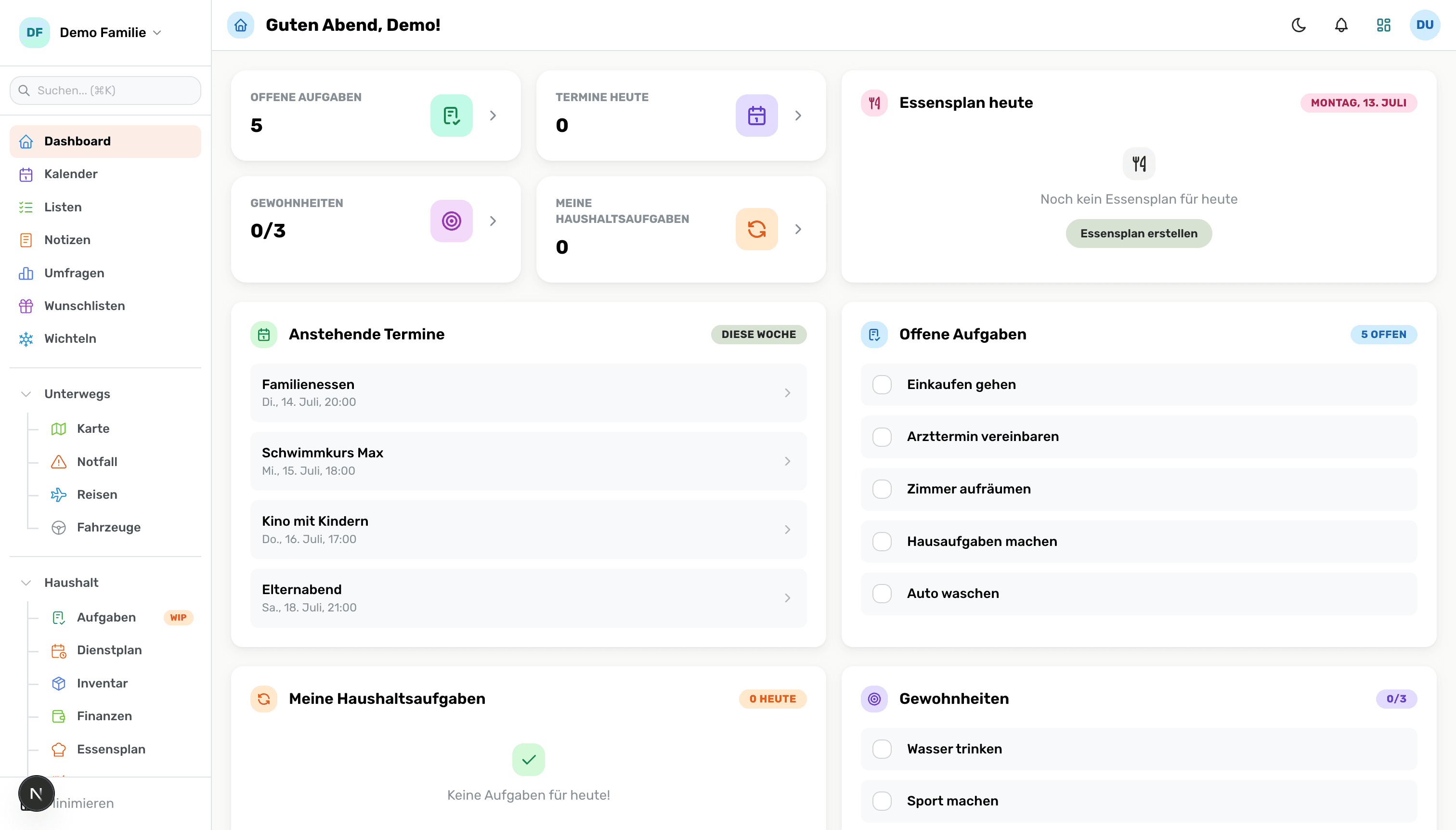 Dashboard der Web-App